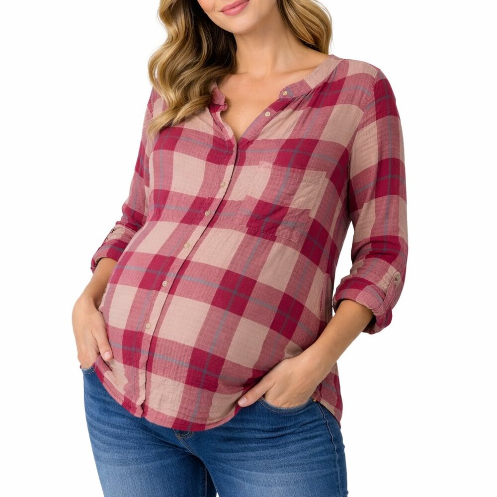 Time and Tru Maternity Red Pink Plaid Blouse Button-Up Pocket Ruffle Womens XL